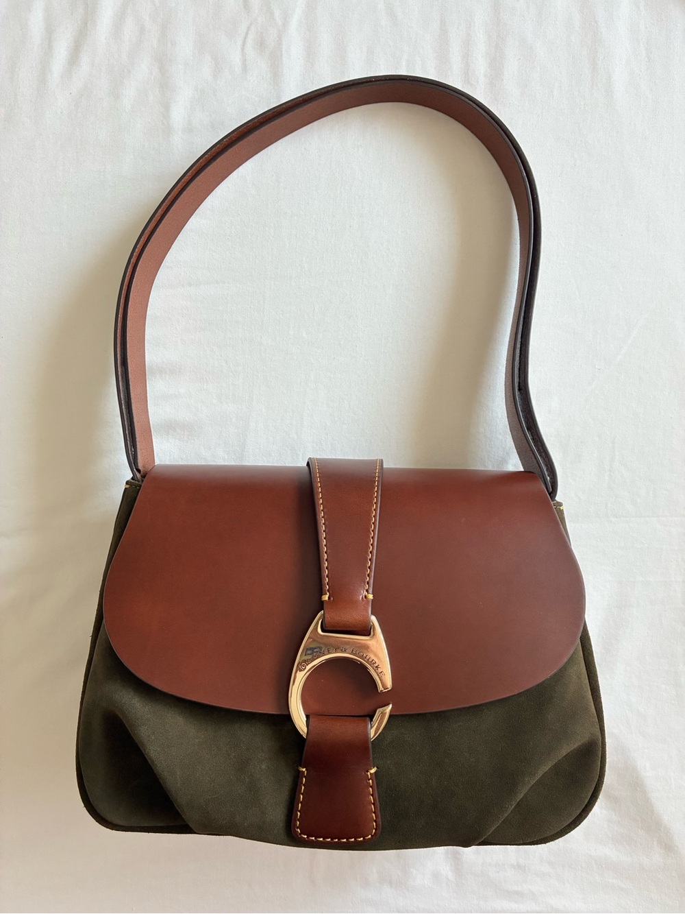Dooney & Bourke Brown Derby Small Flap Brown Leather & Olive Suede Shoulder Bag